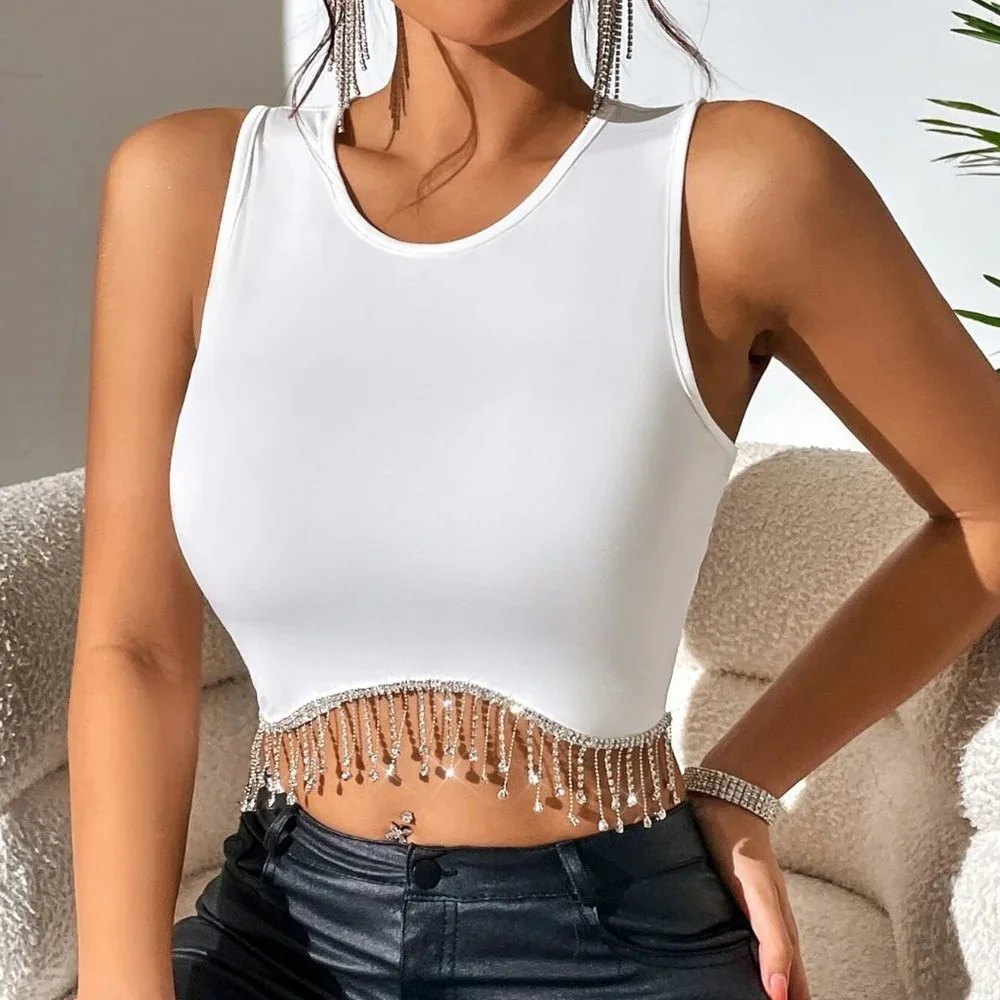 White Boho Womens Rhinestone Fringe Trim Crop Tank Top - Picture 4 of 5